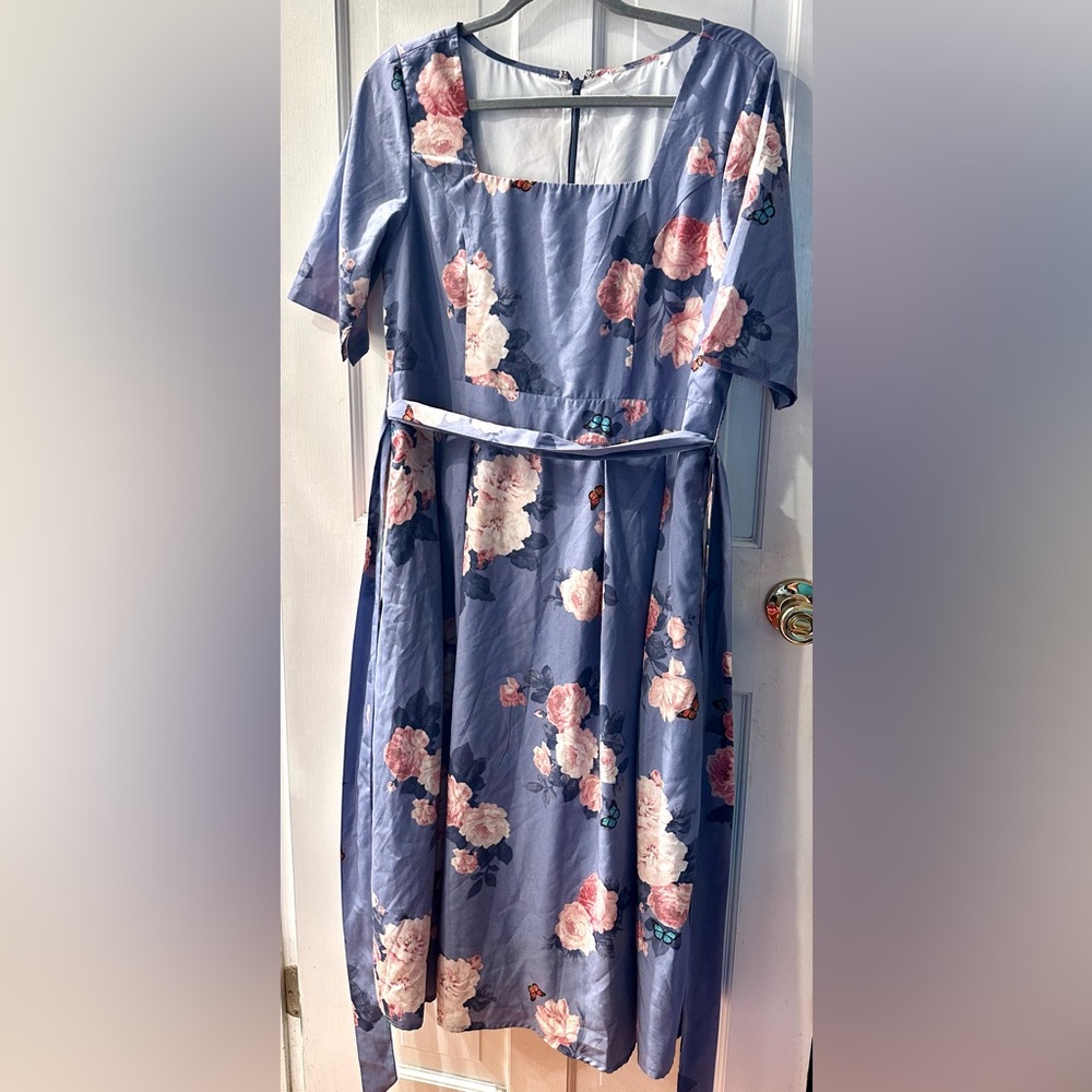 eShakti Blue & Pastels Floral & Butterfly Belted Dress - Size M - VGUC!